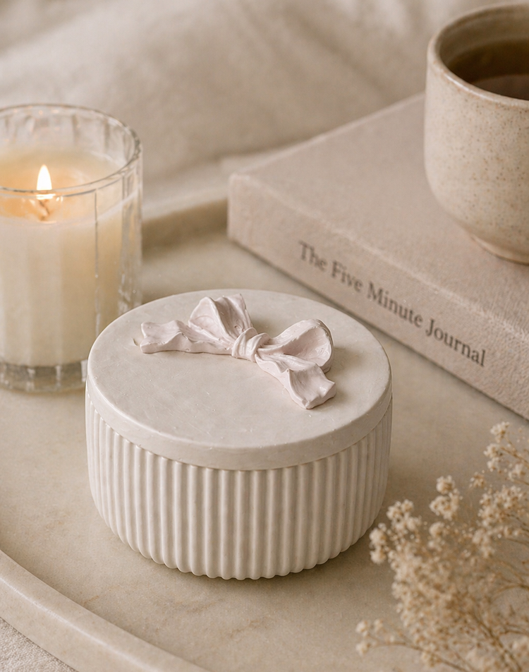 Best selling Bow Trinket Jar on a bedside table