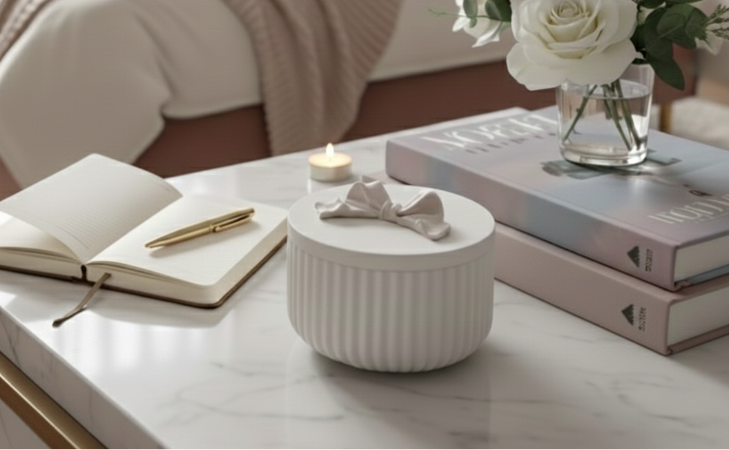 White ceramic container with ribbed texture on a marble surface, surrounded by books and a candle.